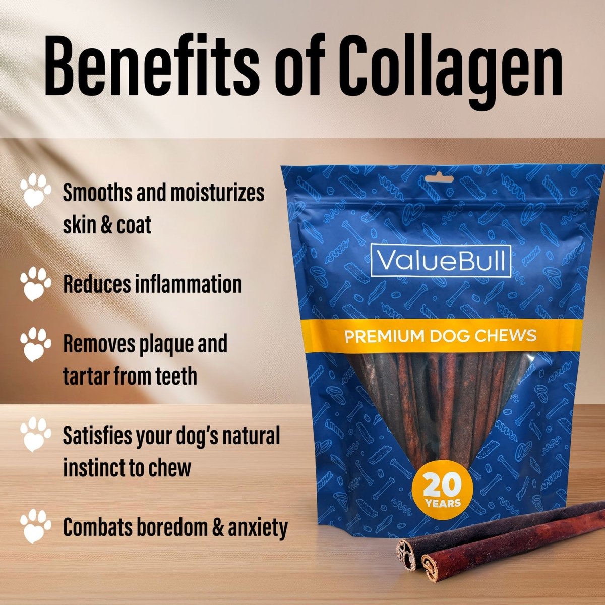 ValueBull Collagen Sticks for Dogs, 12 Inch Thick Chews, Natural Long-Lasting Dog Treats, 25 Count - Thick - 25 Sticks