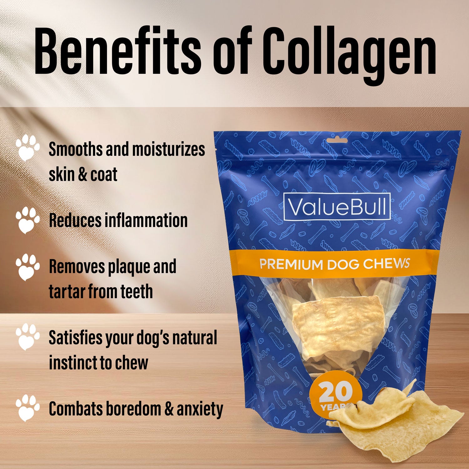 ValueBull USA Collagen Chips Dog Chews, Natural Long-Lasting Dog Treats, 20 Pound Bulk Pack - Natural - 20 Pound