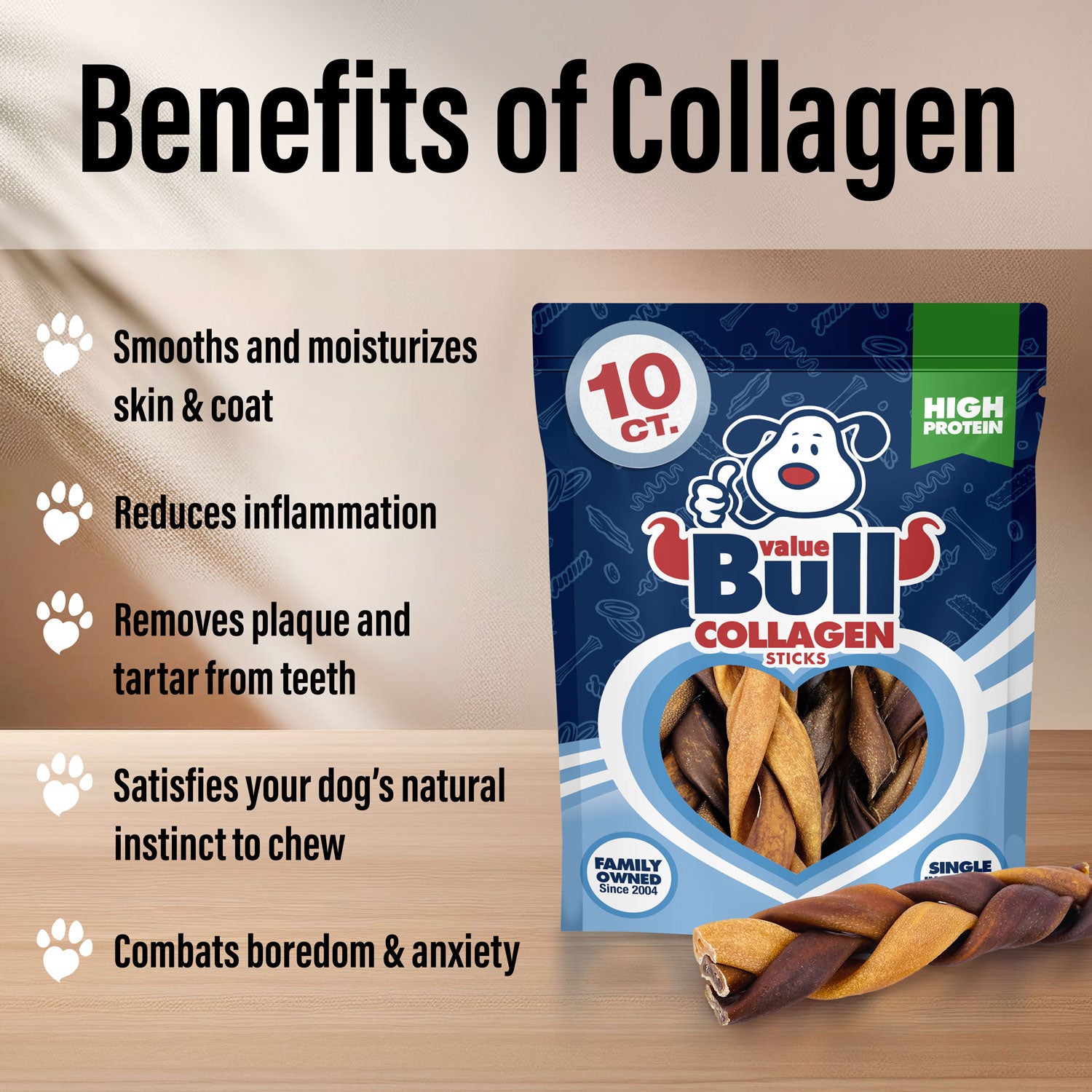 ValueBull Collagen Braided Sticks for Dogs, 6 Inch Medium Chews, Natural Long-Lasting Dog Treats, 50 Count Bulk Pack - Medium - 50 Braids