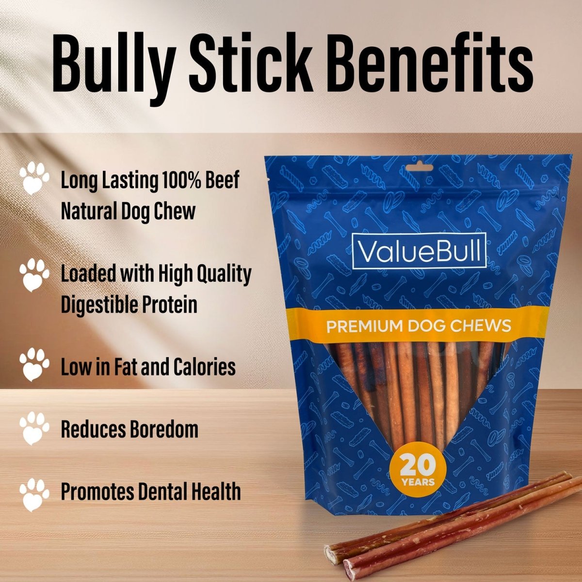 ValueBull Bully Sticks for Large Dogs, Thick 12 Inch, 200 Count Wholesale Pack - Thick - 200 Sticks
