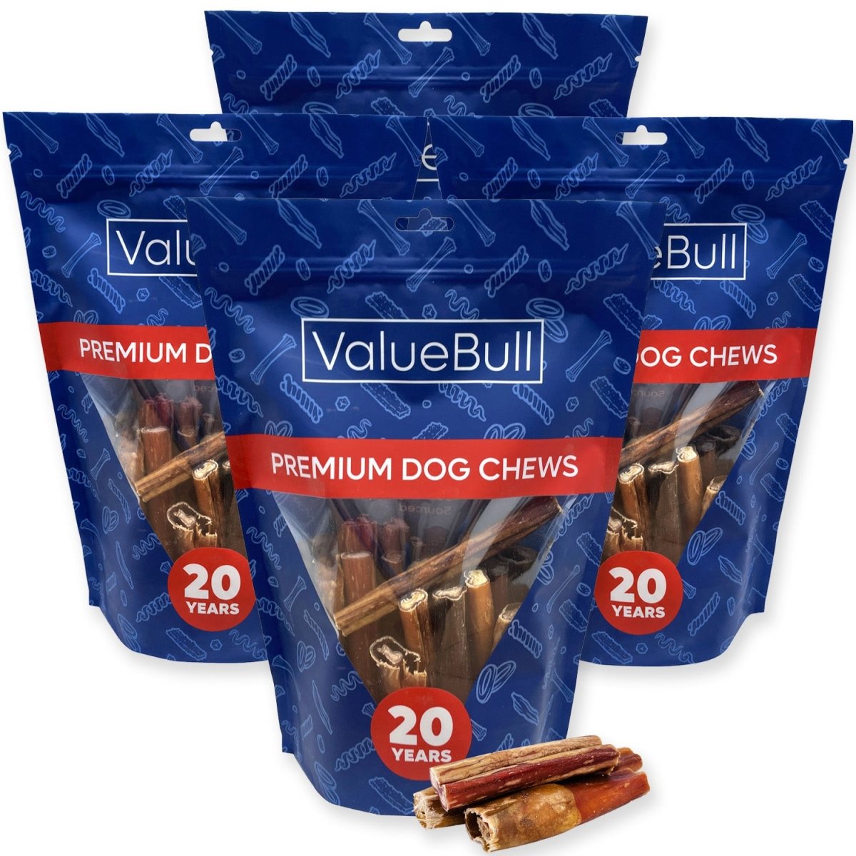 ValueBull Bully Sticks for Large Dogs, Thick 4-6 Inch, Varied Shapes, 100 Count - Valuepetsupplies