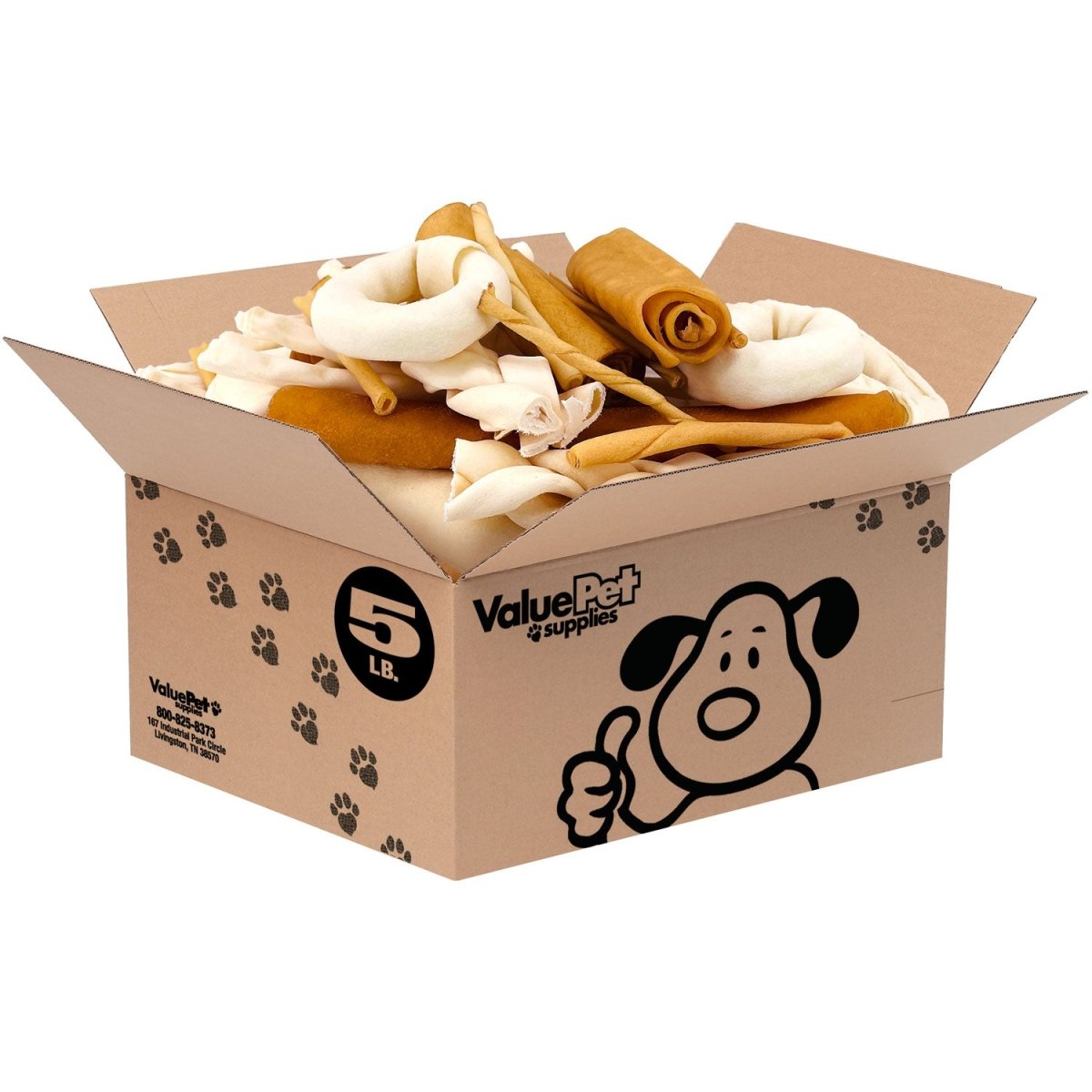 ValueBull USA Rawhide, Varied Mix of Fun Shapes for Dogs, 5 Pound Bulk Pack - Valuepetsupplies
