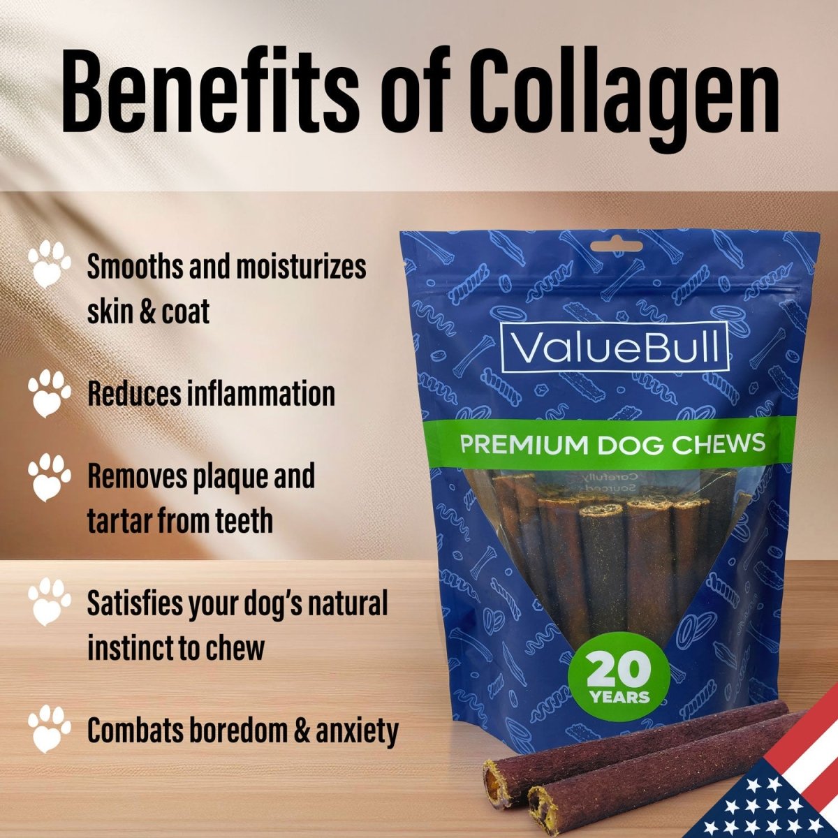 ValueBull USA Collagen Sticks for Dogs, 6 Inch Super Jumbo Chews, Natural Long-Lasting Dog Treats, 25 Count - X-Jumbo - 25 Sticks
