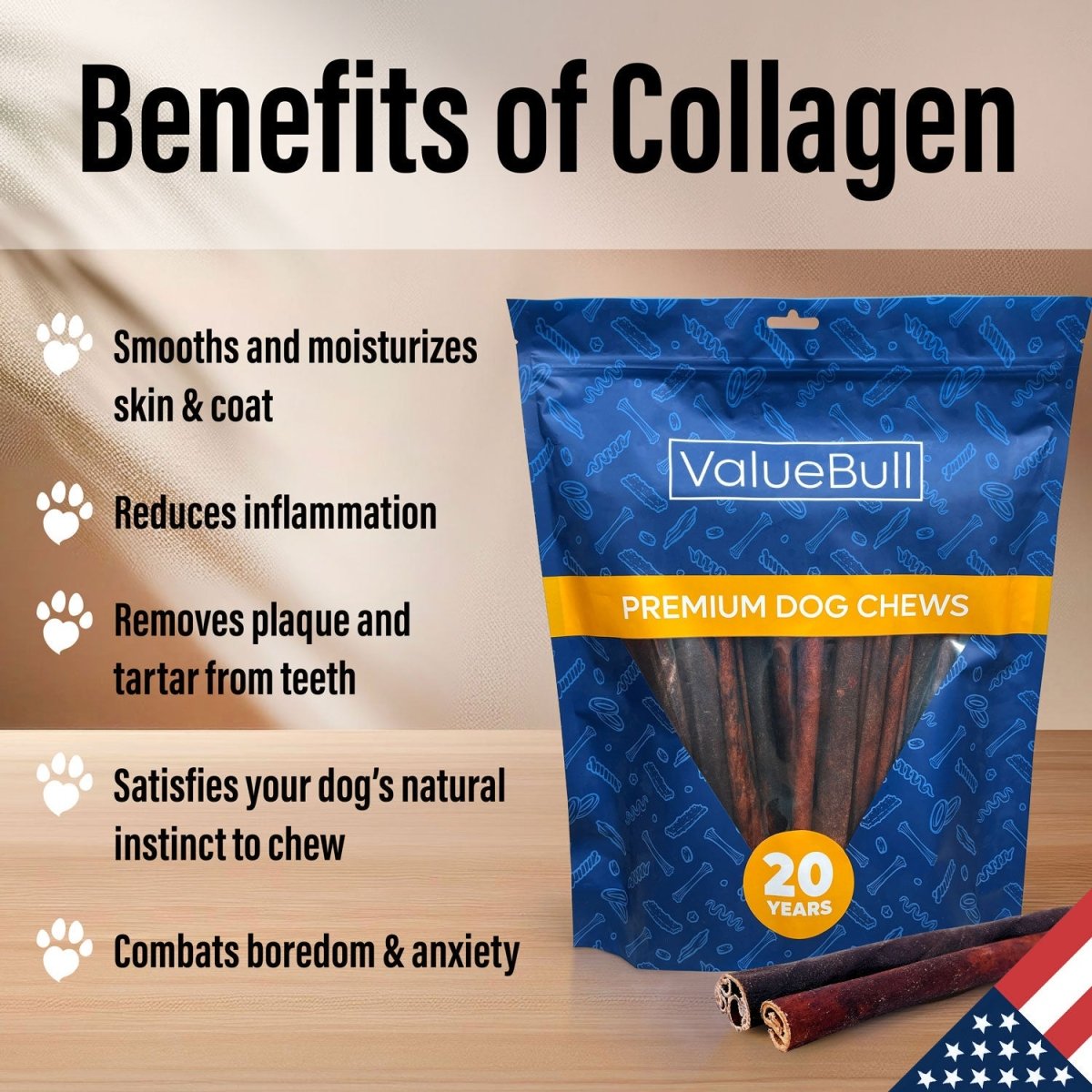 ValueBull USA Collagen Sticks for Dogs, 12 Inch Medium Chews, Natural Long-Lasting Dog Treats, 100 Count Bulk Pack - Valuepetsupplies