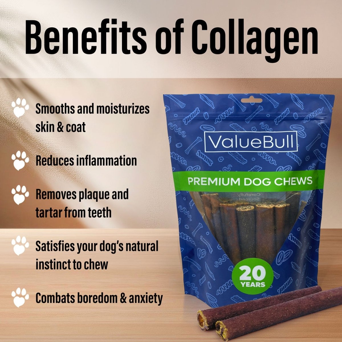 ValueBull Collagen Sticks for Dogs, 6 Inch Medium Chews, Natural Long-Lasting Dog Treats, 100 Count Bulk Pack - Medium - 100 Sticks