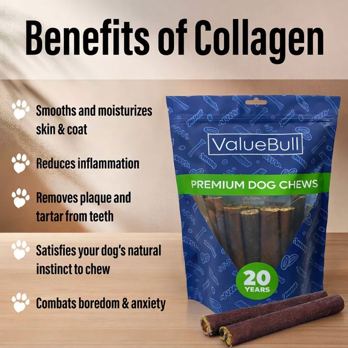 ValueBull Buffalo Collagen Sticks for Small Dogs, 6 Inch Thin Chews, Natural Dog Treats, 10 Count - Valuepetsupplies