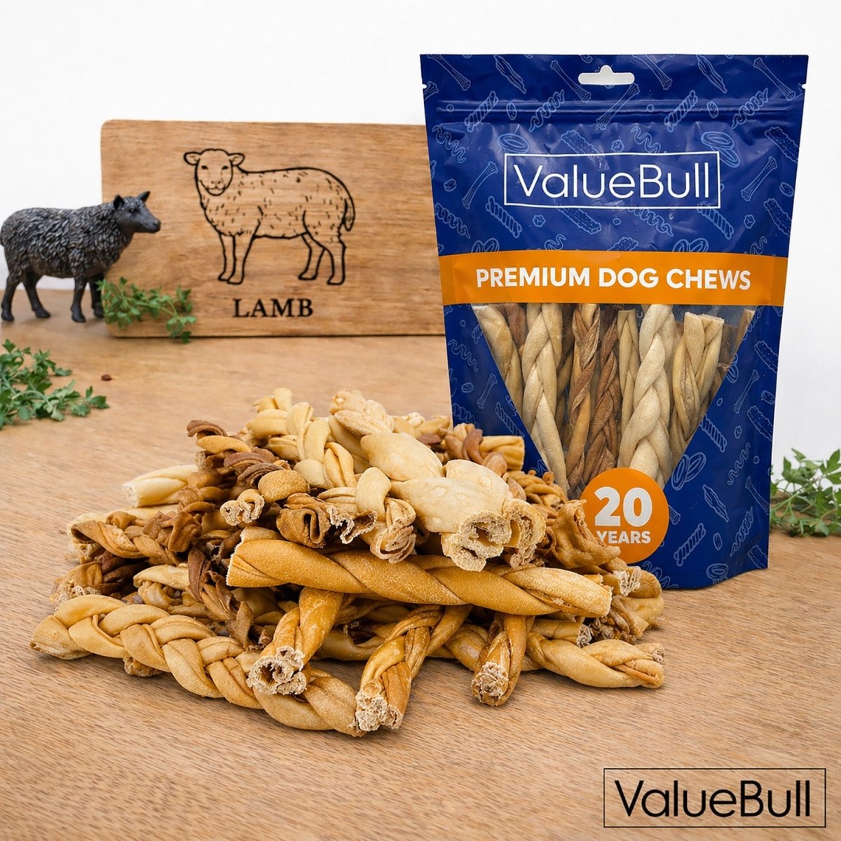 ValueBull Lamb Collagen Braids for Dogs, Varied Sizes/Shapes, Natural Long-Lasting Dog Treats, 25 Count - Valuepetsupplies