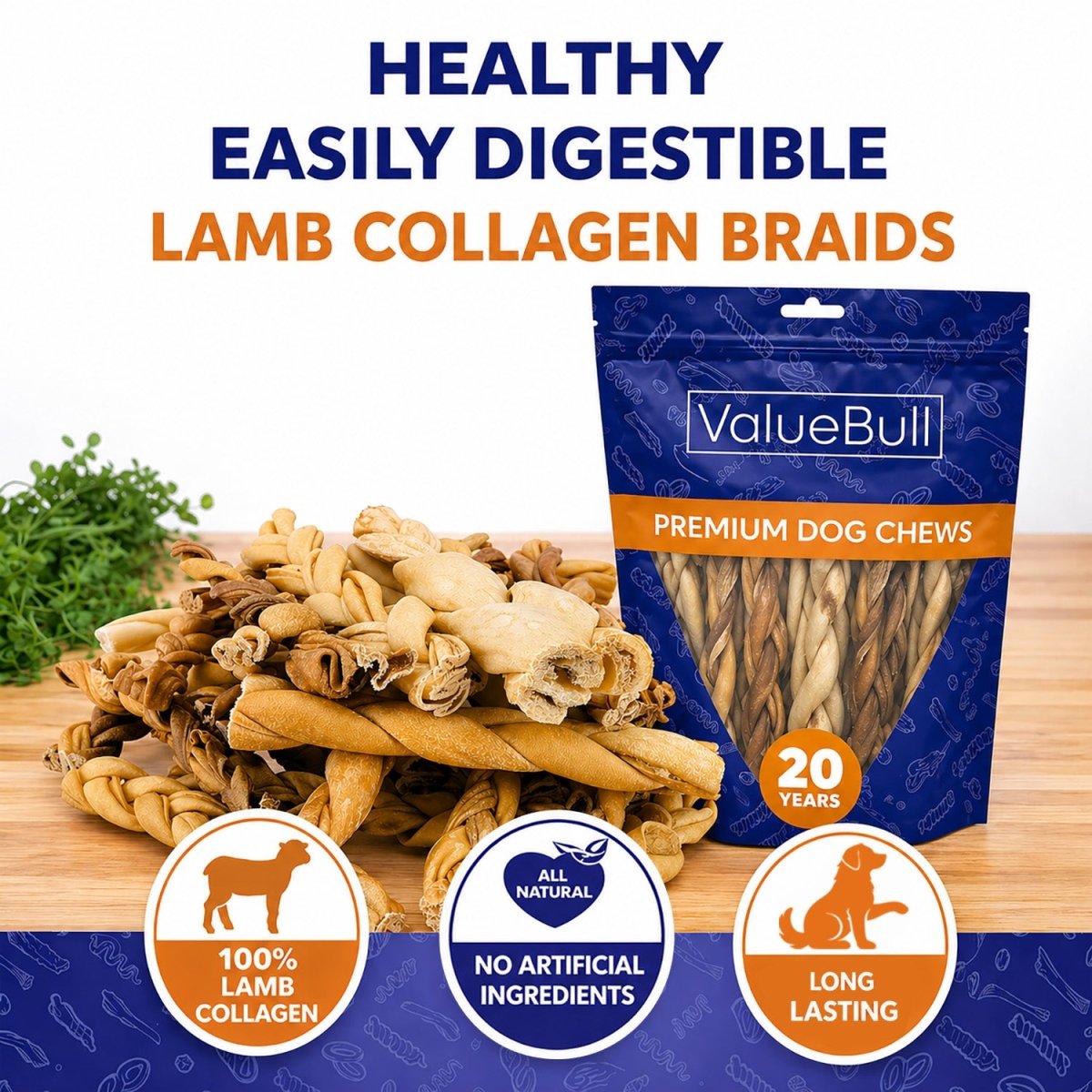 ValueBull Lamb Collagen Braids for Dogs, Varied Sizes/Shapes, Natural Long-Lasting Dog Treats, 25 Count - Valuepetsupplies