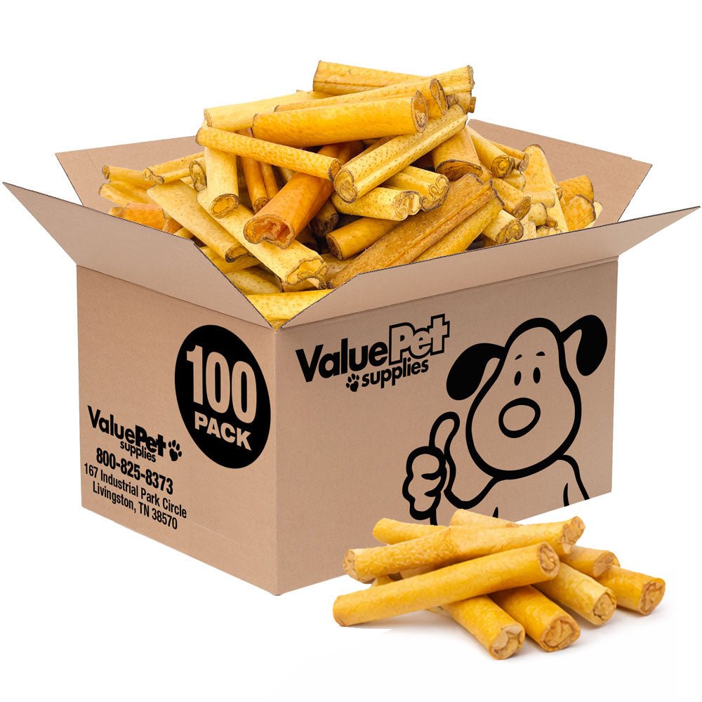 ValueBull USA Pork Hide Retriever Rolls for Dogs, 4 Inch Pig Skin Chews, 100 Count Bulk Pack - Valuepetsupplies