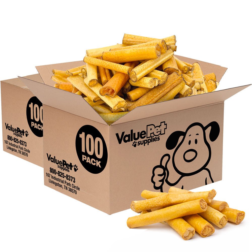 ValueBull USA Pork Hide Retriever Rolls for Dogs, 4 Inch Pig Skin Chews, 200 Count Bulk Pack - Valuepetsupplies